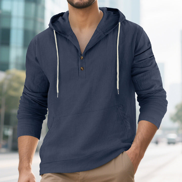 Herren nan Leinenoptik Henley-Kapuzenpullover mit Knopfleiste und Kängurutasche Drune