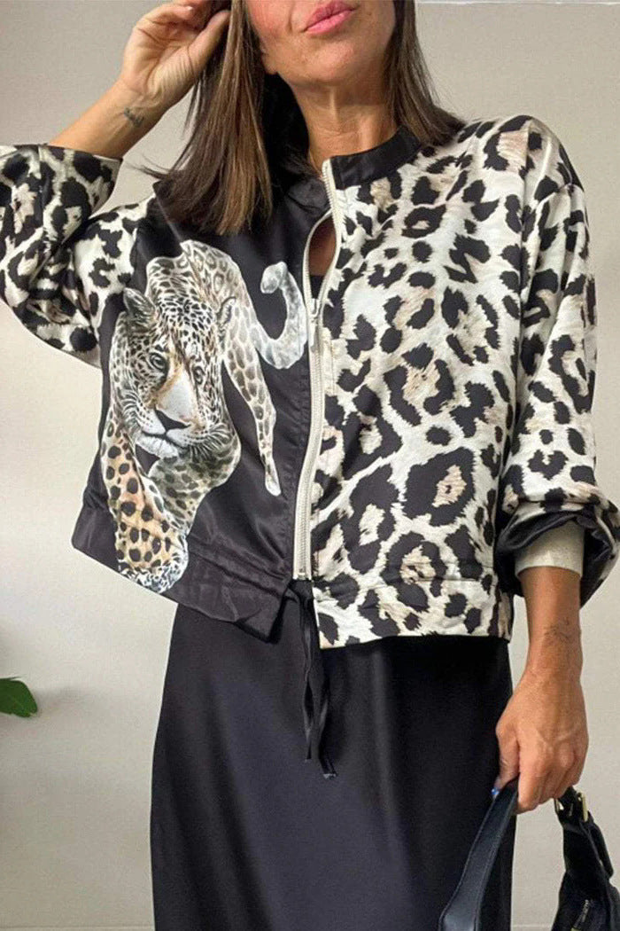 Damen entspannte Bomberjacke mit extravagantem Leoparden-Motiv Drune