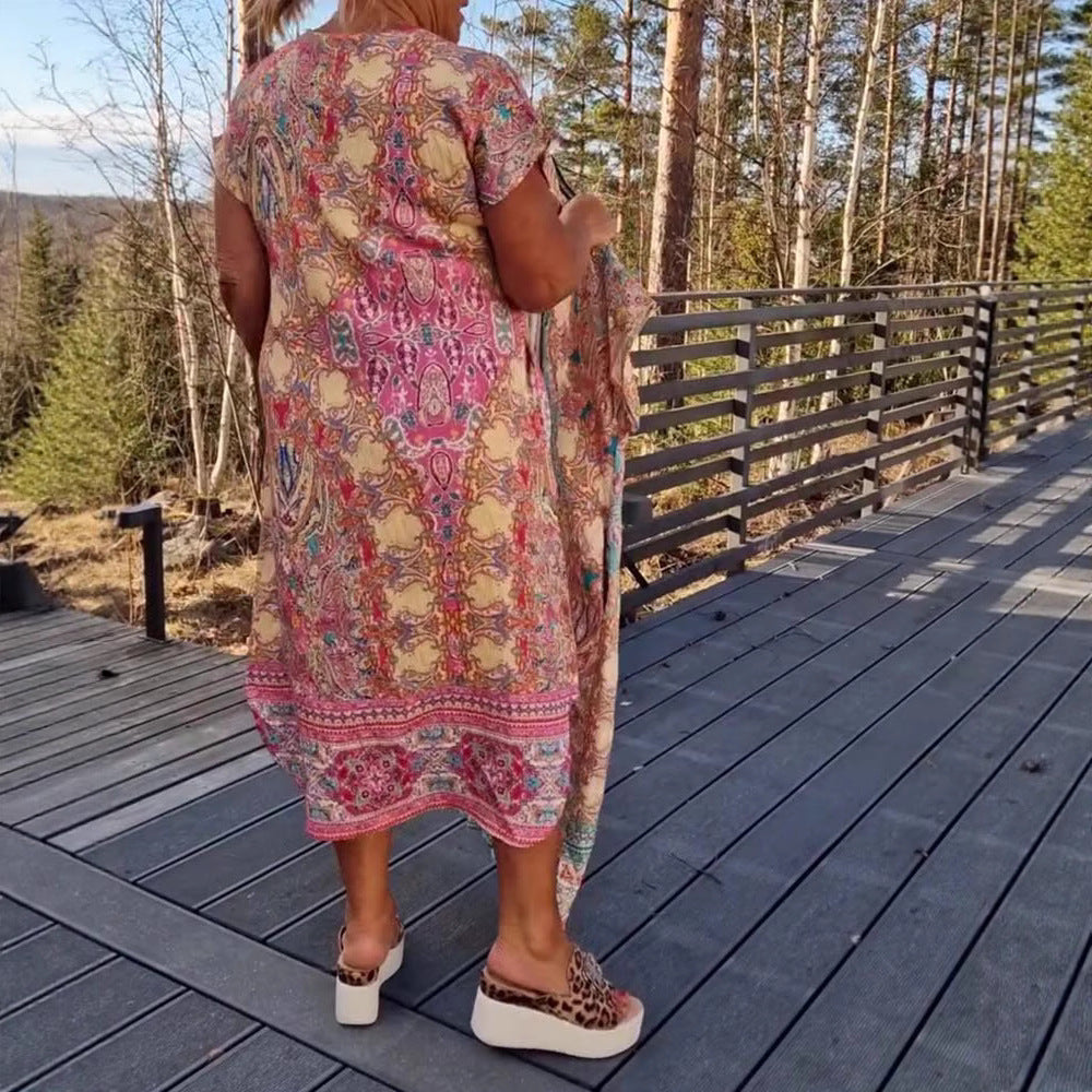 Damen nan luftiges V-Ausschnitt-Kleid im Paisley-Print mit Eingrifftaschen und passendem Pareo Drune