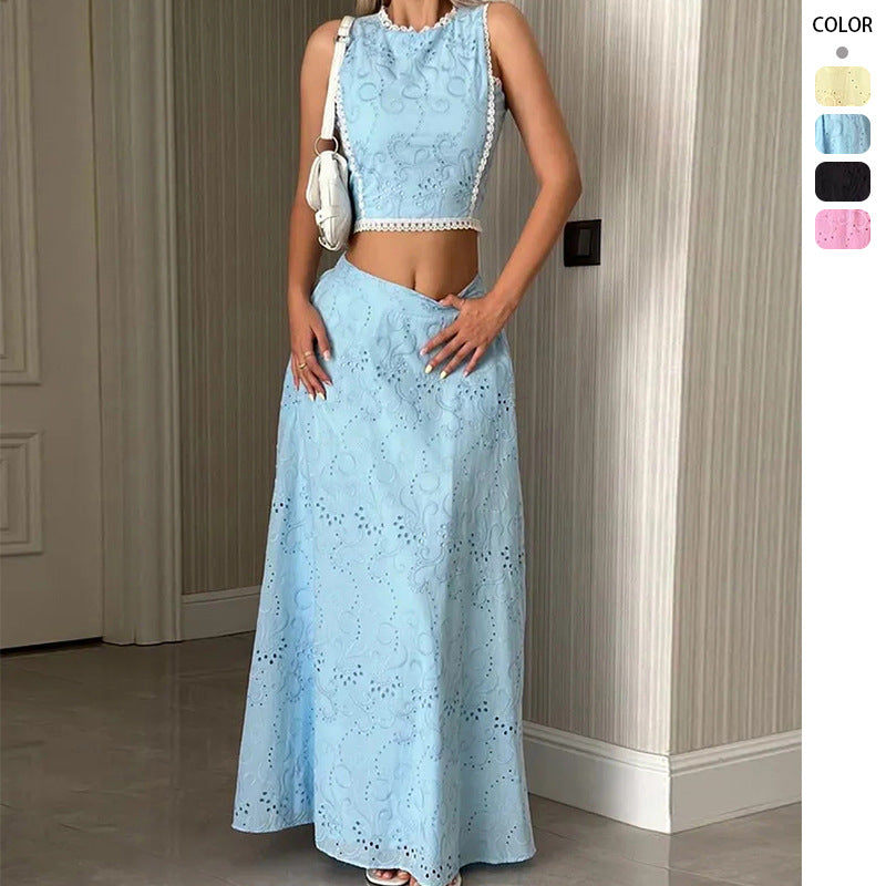 Damen Maxikleid mit filigranem Lochstickmuster und modischem Crop-Oberteil Drune