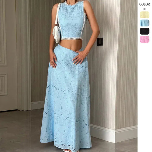 Damen Maxikleid mit filigranem Lochstickmuster und modischem Crop-Oberteil Drune