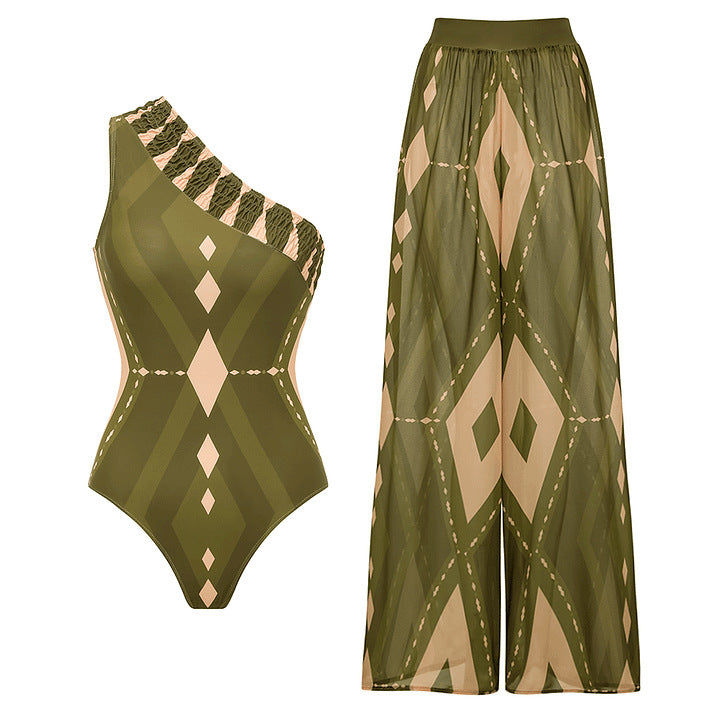 Damen Einteiler Badeanzug mit voluminösem Rüschendesign und passendem Stoffhose Drune