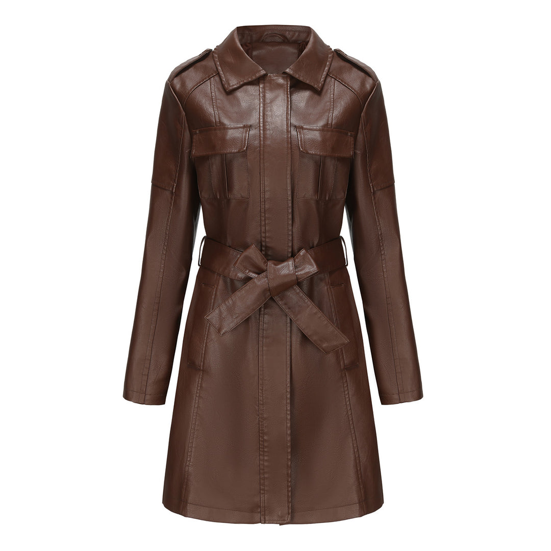 Damen modischer Trenchcoat aus hochwertigem Kunstleder Drune