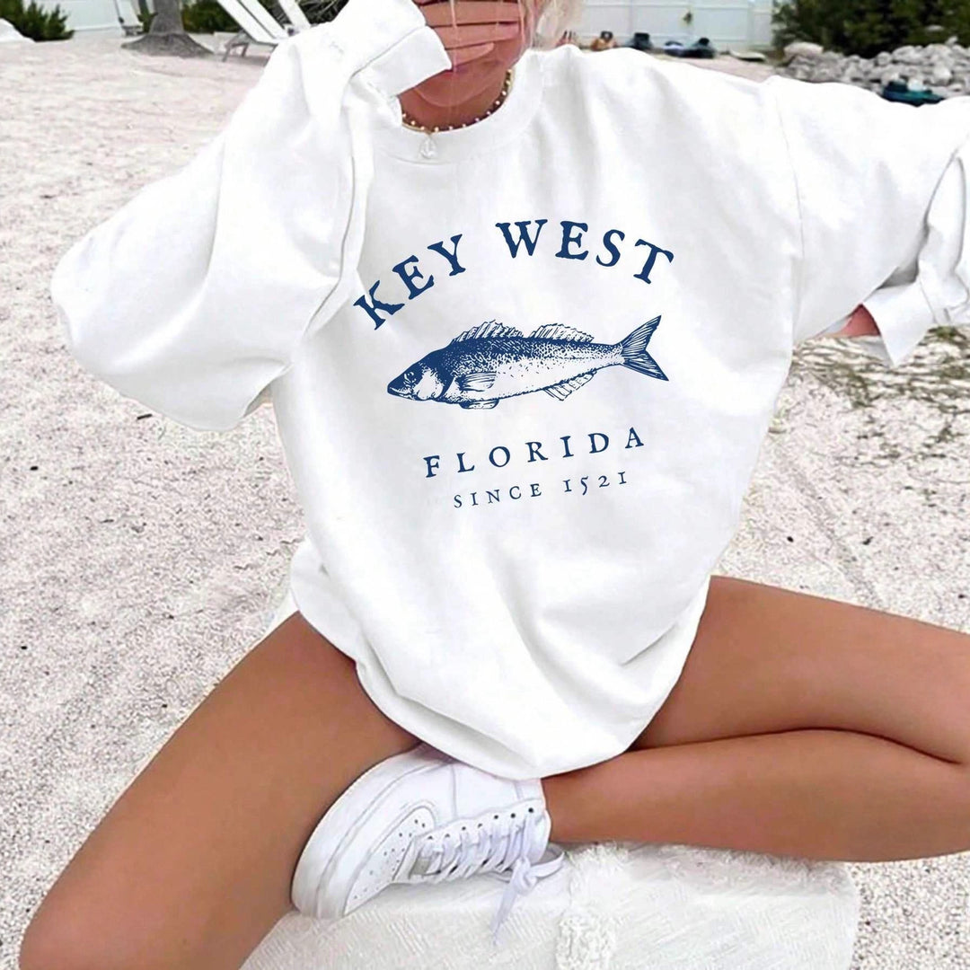 Damen nan Oversize-Sweatshirt mit maritimem Key-West Fischmotiv, dropped-Shoulder und weichem Baumwollmix Drune