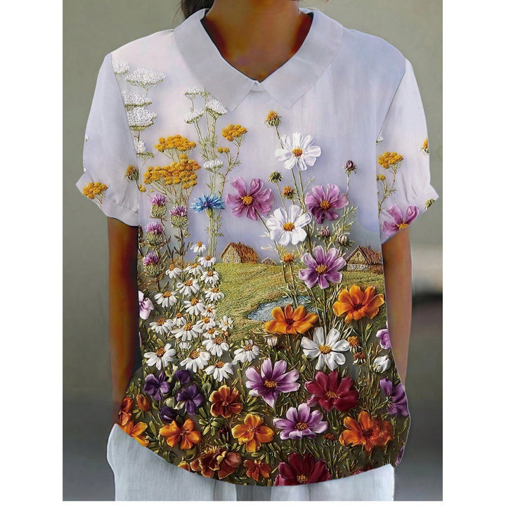 Damen Kurzarmbluse mit floralen Akzenten und klassischem Kragen Drune