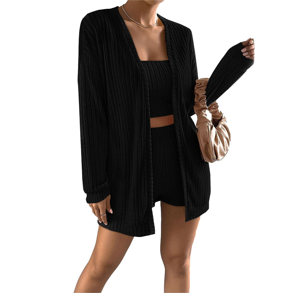 Damen Strickwaren Set mit figurbetonendem Oberteil und langem Cardigan Drune