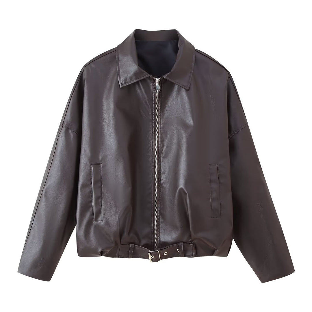 Damen Künstliche Lederjacke mit hohem Kragen und praktischen Taschen Drune