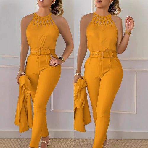 Damen Eleganter Jumpsuit mit schickem Gürtel und raffiniertem Cut-Out Drune