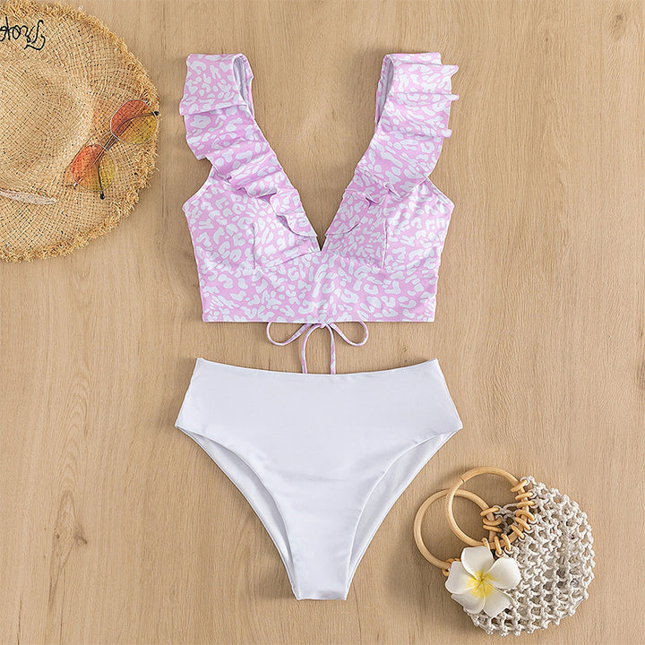 Damen Crop-Bikinioberteil mit Rüschendetails und animalischem Muster Drune