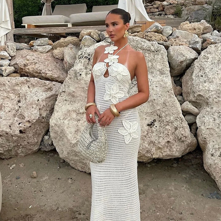 Damen Häkel-Maxikleid mit floralem Ausschnitt Drune