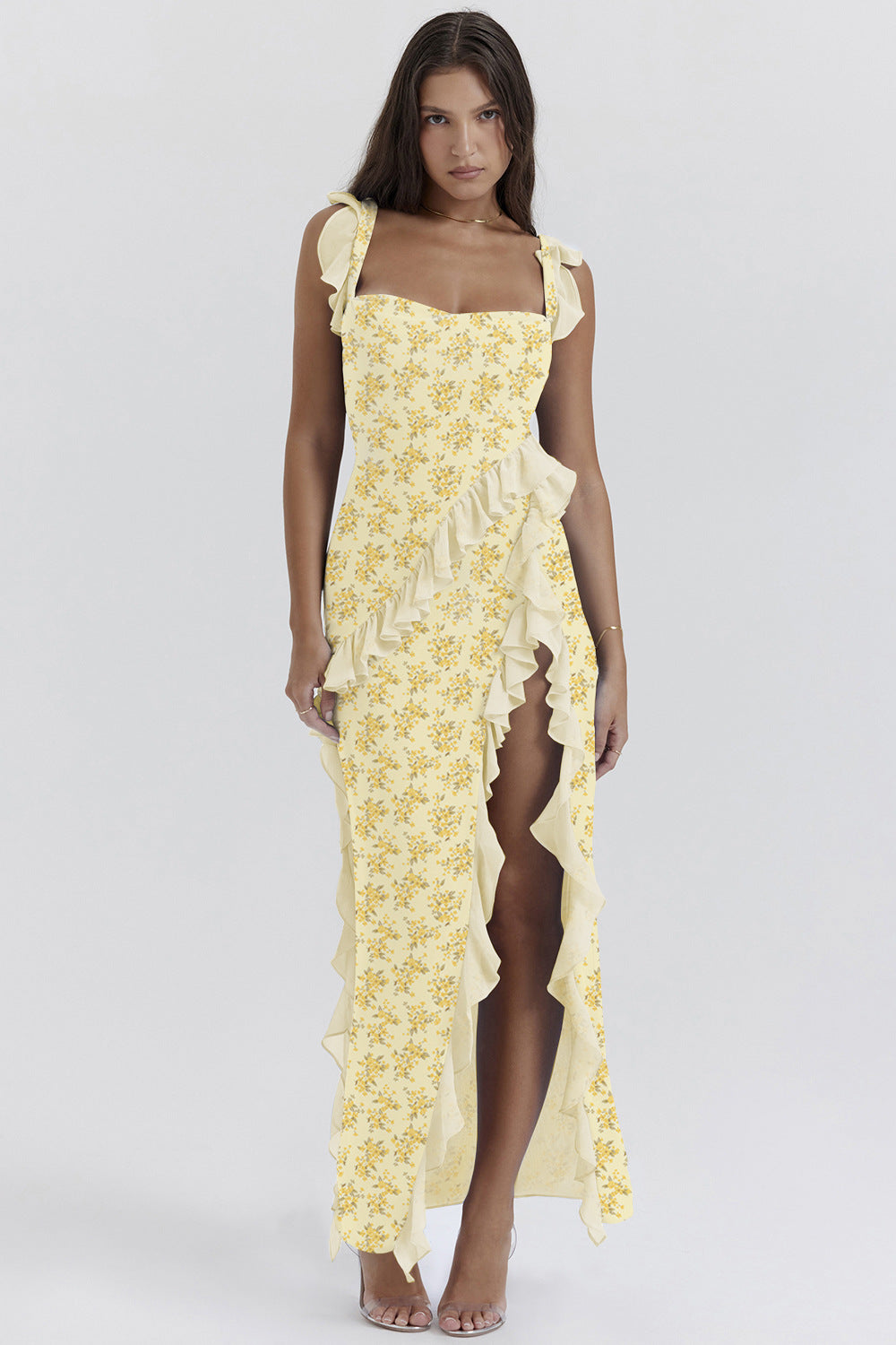 Damen Maxi-Kleid mit Rüschendetails und floralem Design Drune