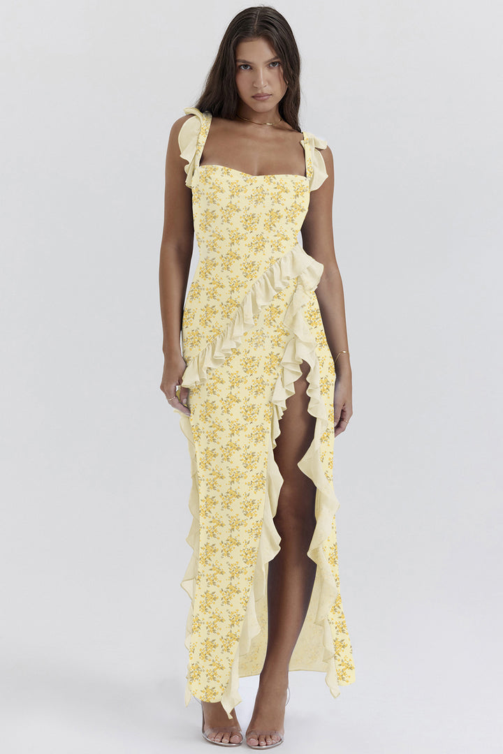 Damen Maxi-Kleid mit Rüschendetails und floralem Design Drune