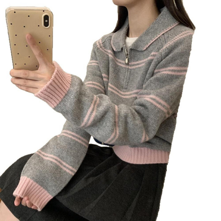 Damen Strickpullover mit Halbreißverschluss und gestreiftem Design Drune
