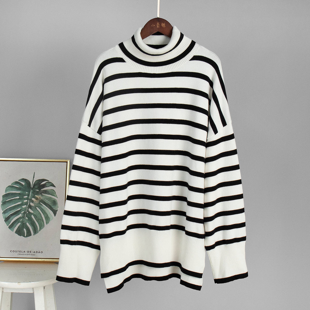 Damen modischer gestreifter Strickpullover mit Stehkragen Drune