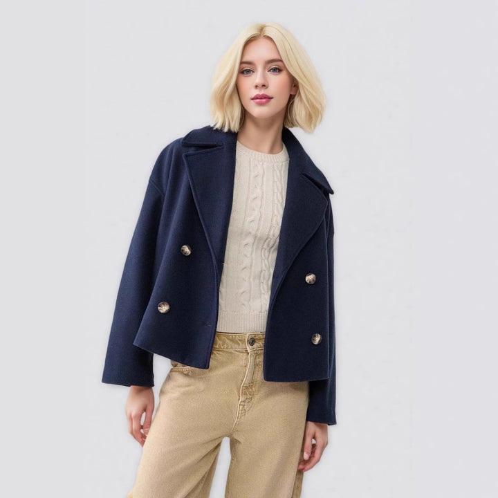 Damen nan kurzes doppeltreihiges Wollmix-Manteljacke im Boxy-Cut mit weitem Reverskragen Drune