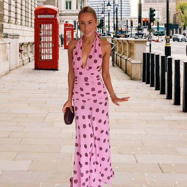 Damen Maxikleid mit raffiniertem Wasserfall-Ausschnitt und Punkten Drune