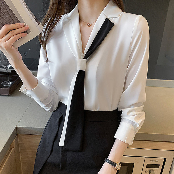 Damen Bluse mit elegantem Schleifenkragen und modernen Kontrasten Drune