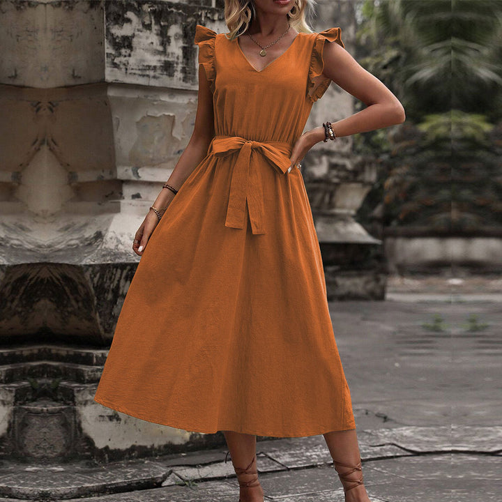 Damen Maxikleid mit v-Ausschnitt und Taillengürtel Drune