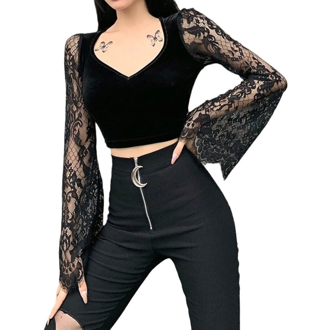 Damen Crop-Top mit eleganten Spitze-Ärmeln und figurbetontem Schnitt Drune