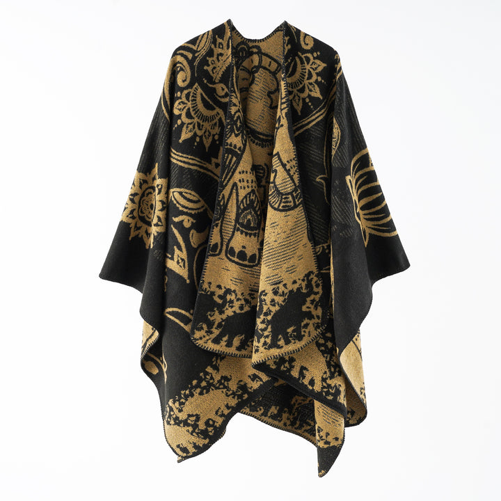 Damen eleganter Übergang-Poncho mit kunstvollem floralen Muster und fransigen Abschlüssen Drune