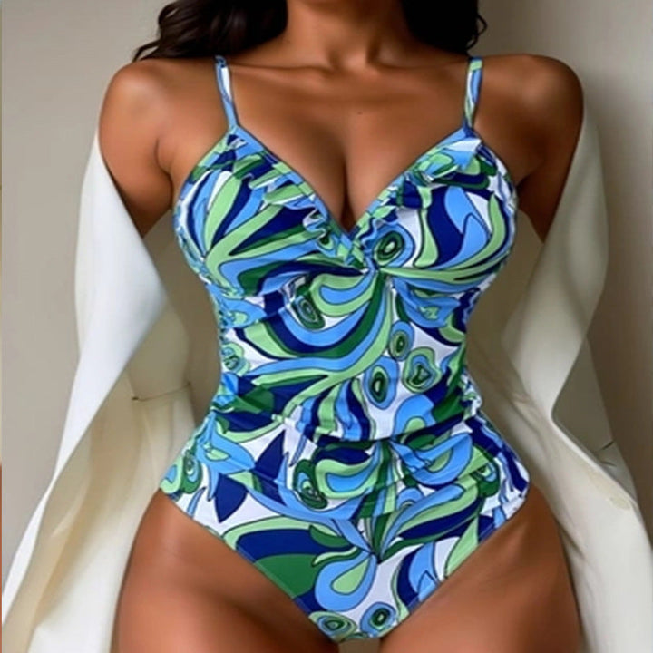 Damen Einteiler Badeanzug mit floralem Muster und Rüschendetails Drune