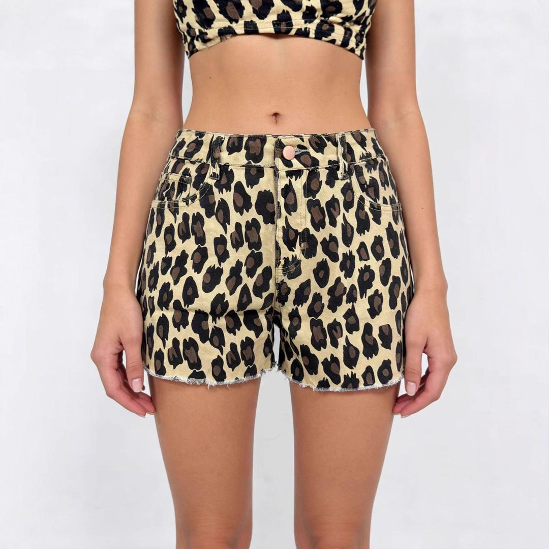 Damen lässige Leo-Shorts mit fransigem Saum und hohen Taschen Drune