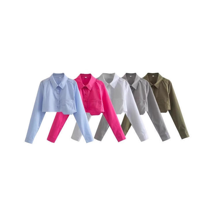 Damen cropped Bluse mit modernem Schnitt und praktischem Taschen-Design Drune