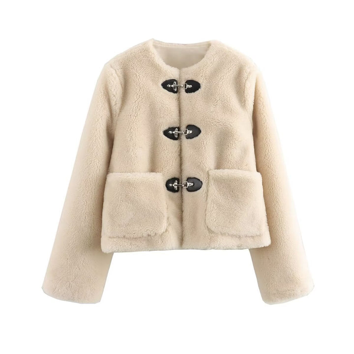 Damen modische Teddyjacke mit vintage Knopfdetails und aufgesetzten Taschen Drune