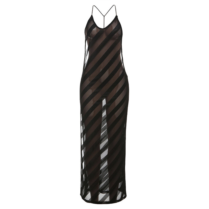 Damen Langes Sommerkleid mit tiefem Rückenausschnitt und schickem Streifenmuster Drune