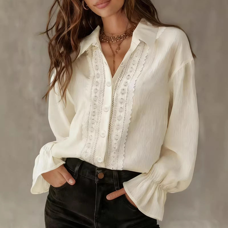 Damen elegante Bluse mit Spitzendetails und Ballonärmeln Drune