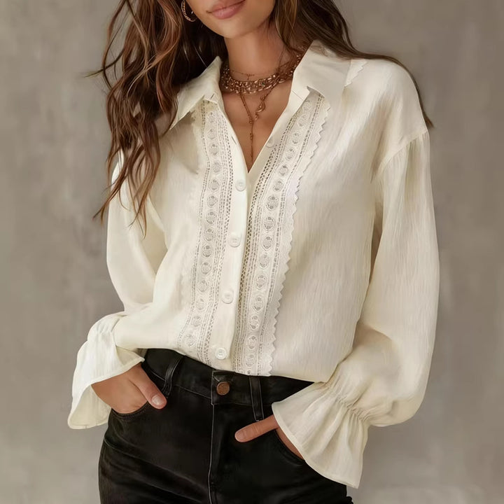 Damen elegante Bluse mit Spitzendetails und Ballonärmeln Drune