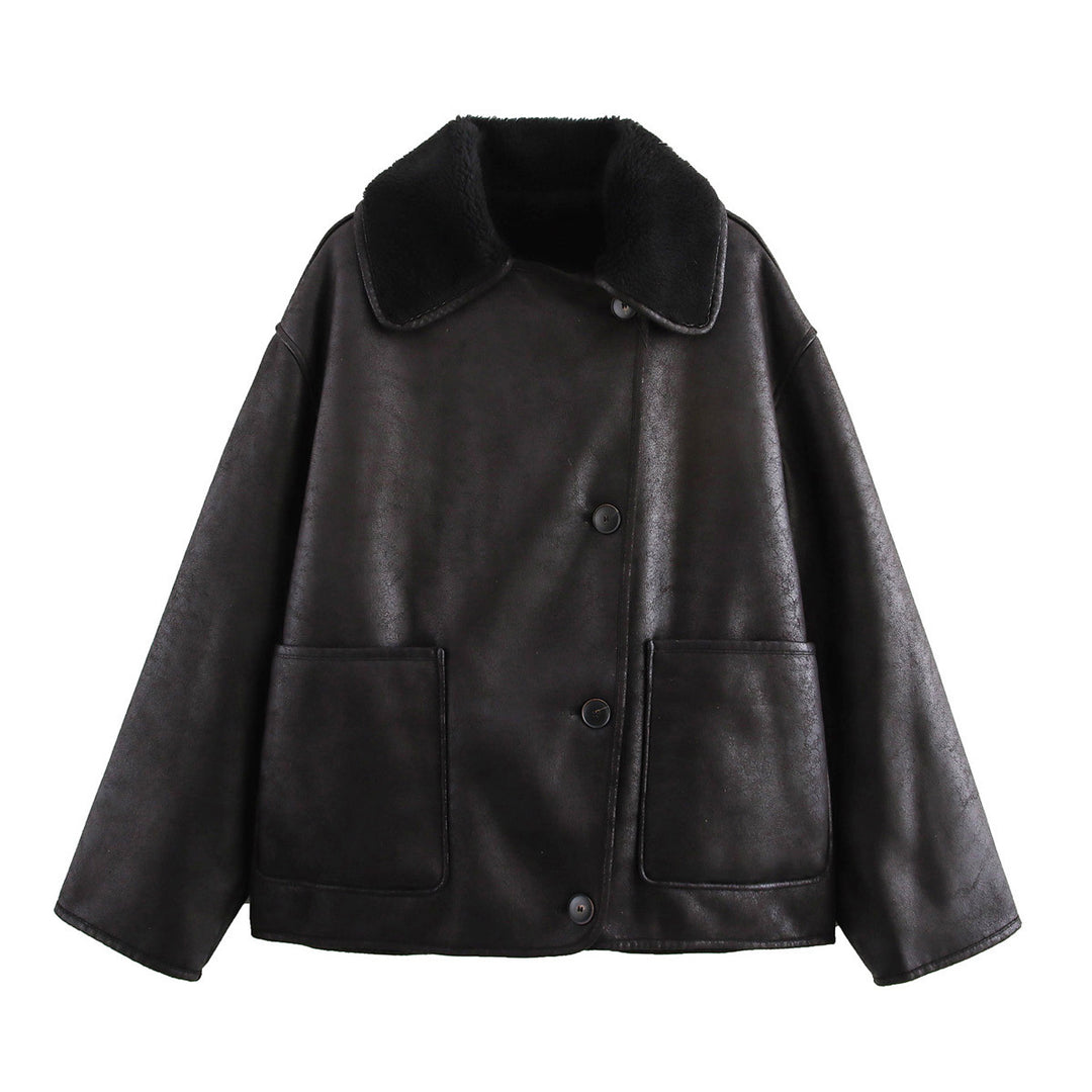 Damen Kunstlederjacke mit weichem Kragen und praktischen Taschen Drune