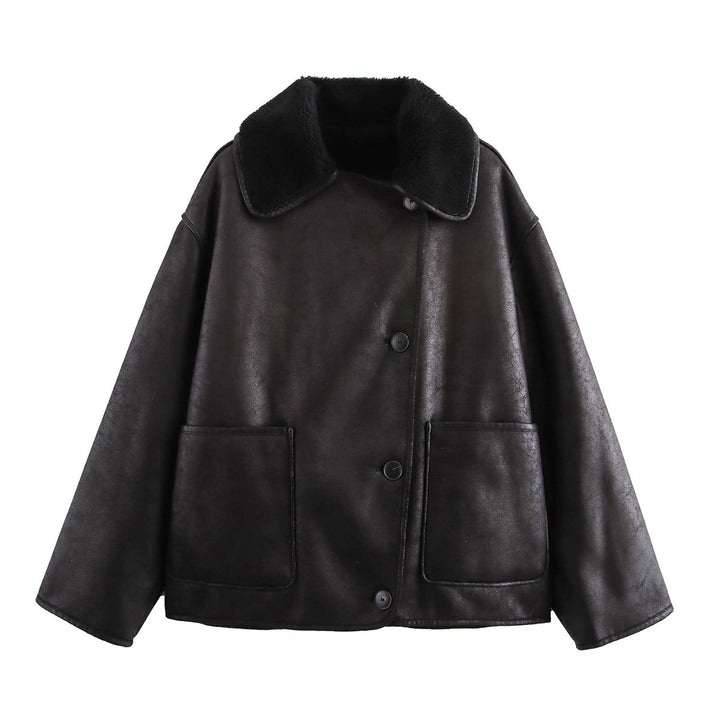 Damen Kunstlederjacke mit weichem Kragen und praktischen Taschen Drune