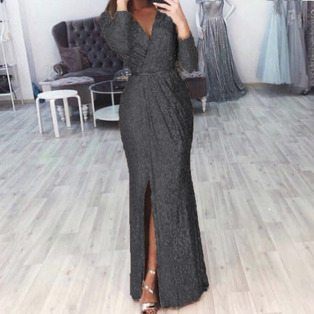 Damen langes Abendkleid mit elegantem Wickelschnitt und Schlitz Drune