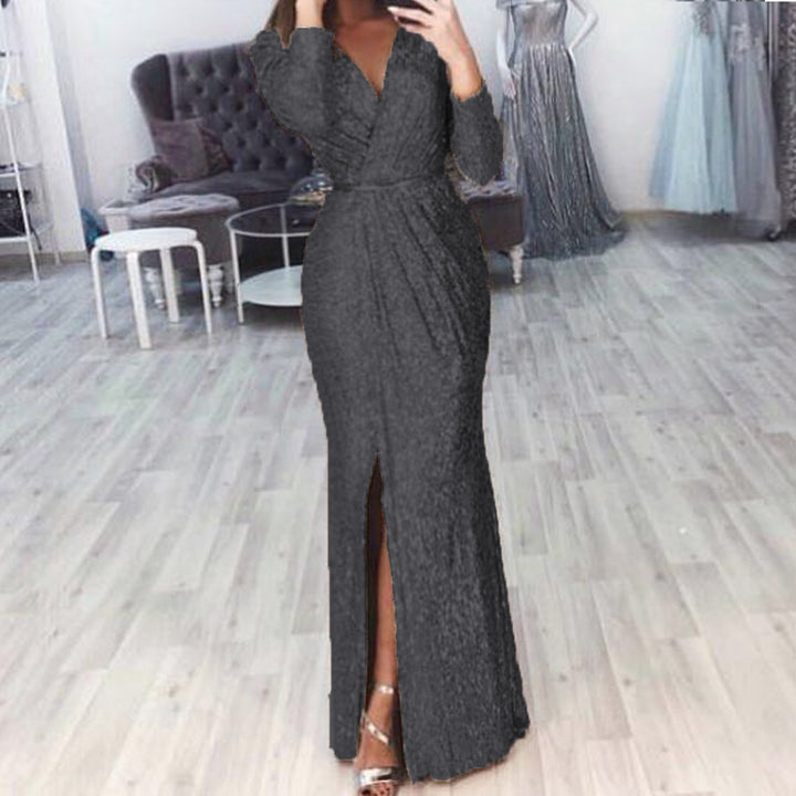 Damen langes Abendkleid mit elegantem Wickelschnitt und Schlitz Drune