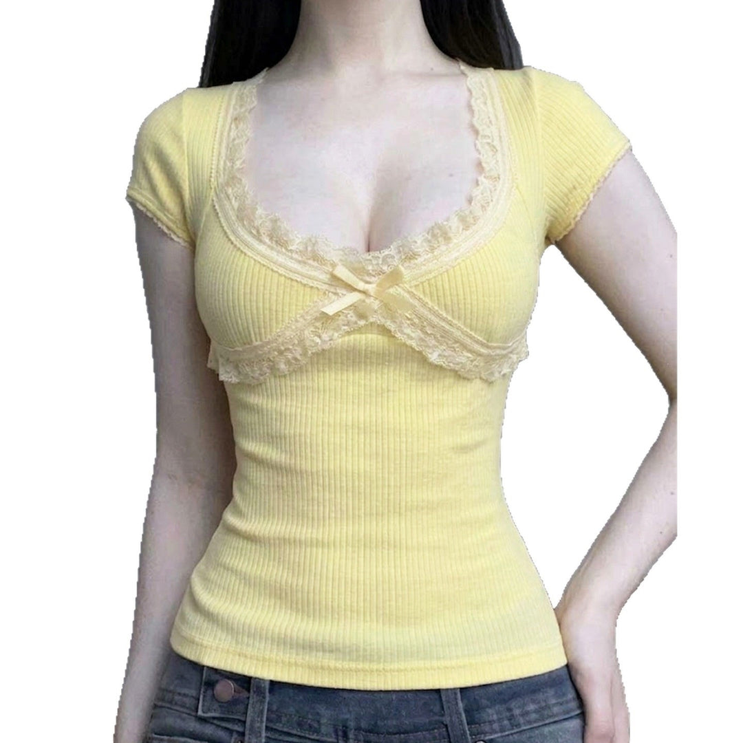 Damen Sexy Spitze Oberteil mit charmantem Dekolleté und feiner Rippstruktur Drune