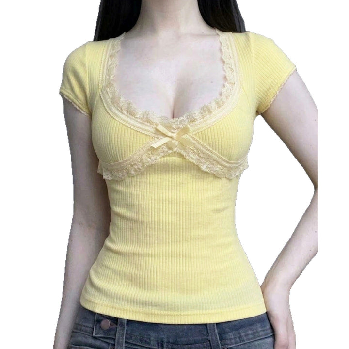 Damen Sexy Spitze Oberteil mit charmantem Dekolleté und feiner Rippstruktur Drune