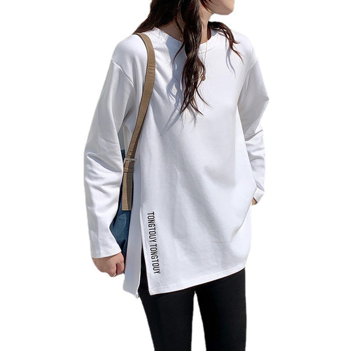Damen lässiges Langarmshirt mit asymmetrischem Schnitt und modernen Schriftzug Drune