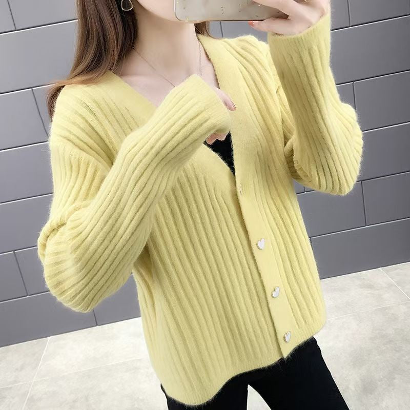 Damen Rippenstrick Cardigan mit herzförmigen Knöpfen Drune