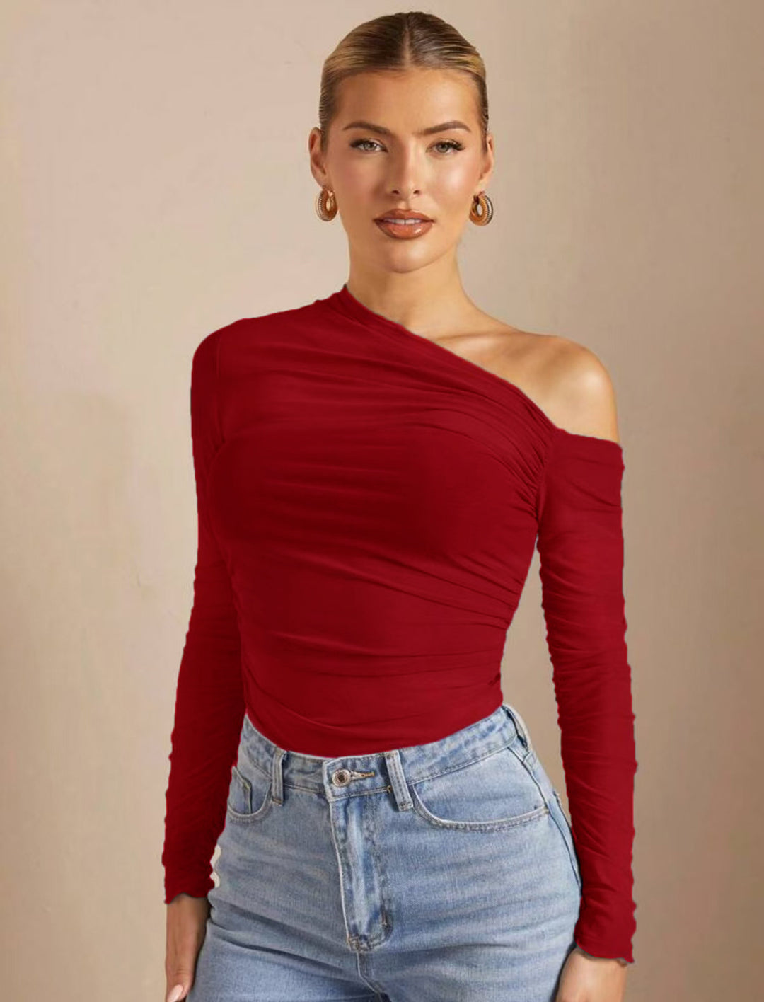 Damen Asymmetrischer Body mit Raffungen und langen Ärmeln Drune