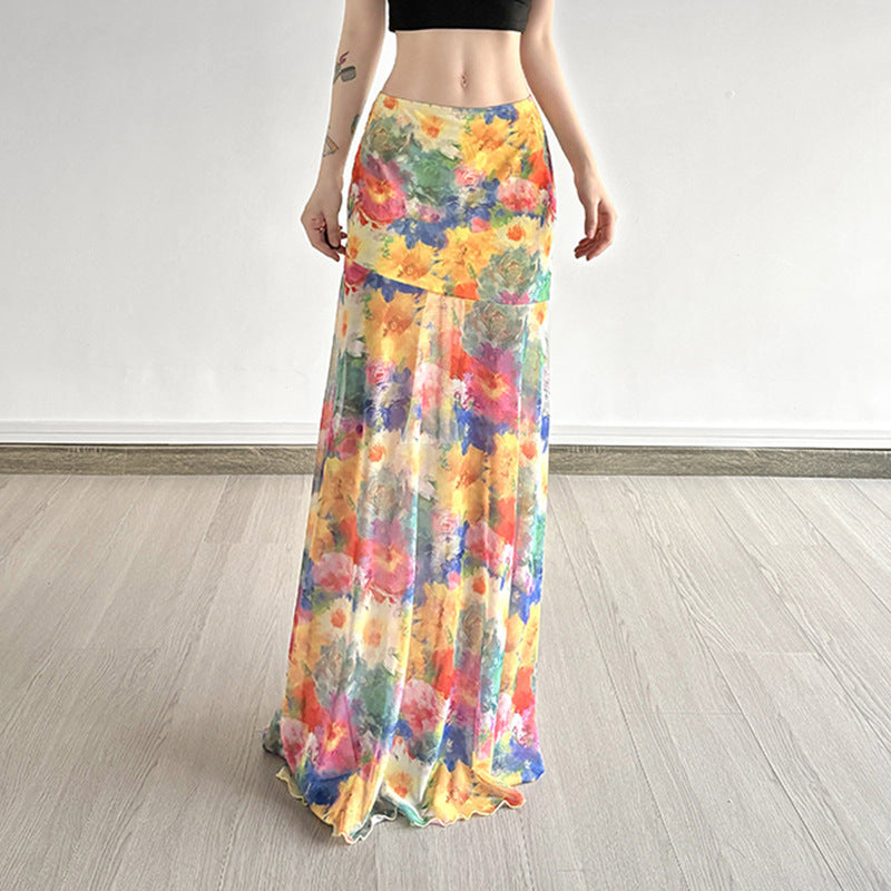 Damen Maxi-Rock mit floralem Chiffon-Design und schwingendem Saum Drune