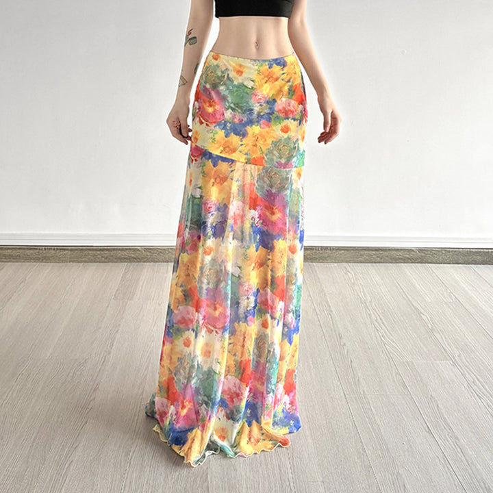 Damen Maxi-Rock mit floralem Chiffon-Design und schwingendem Saum Drune