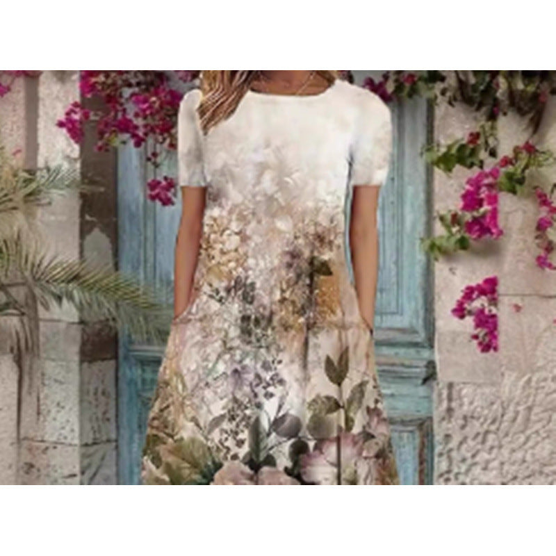 Damen Elegantes Maxikleid mit floralem Design und zartem Rundhalsausschnitt Drune
