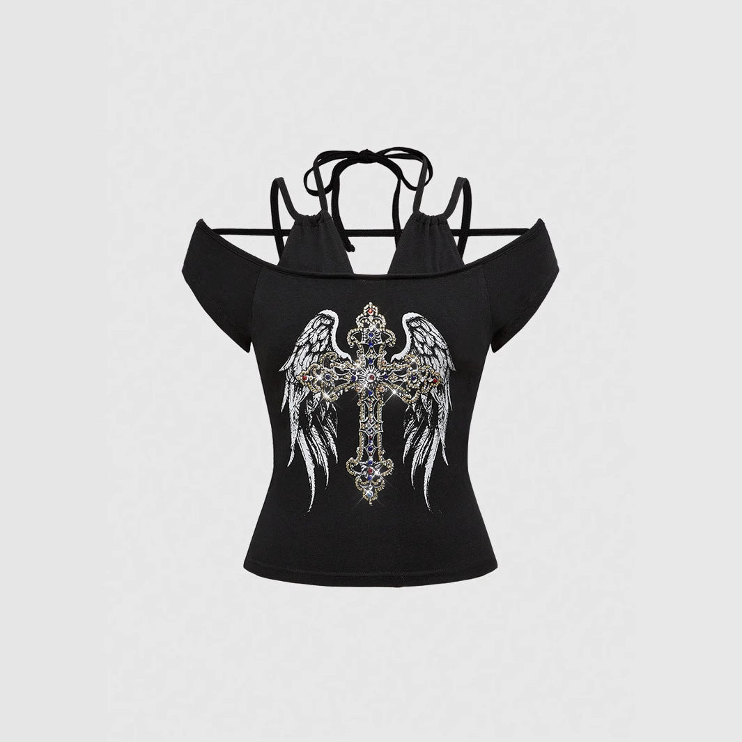 Damen Off-Shoulder Top mit funkelndem Kreuz-Design Drune