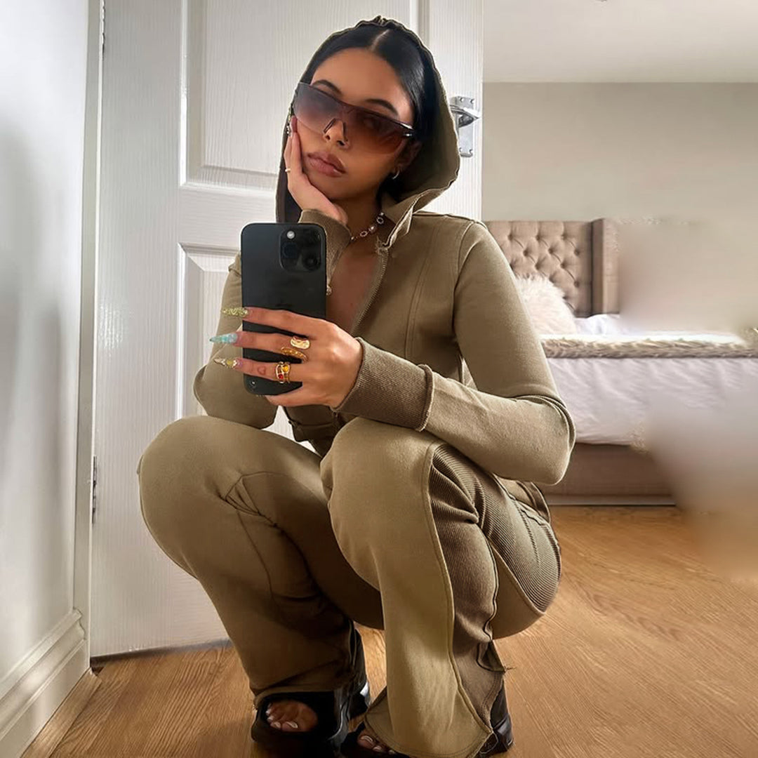 Damen nan Stretch-Flared-Hose mit hoher Taille, aufgesetzten Taschen und seitlichen Einsatzbahnen Drune