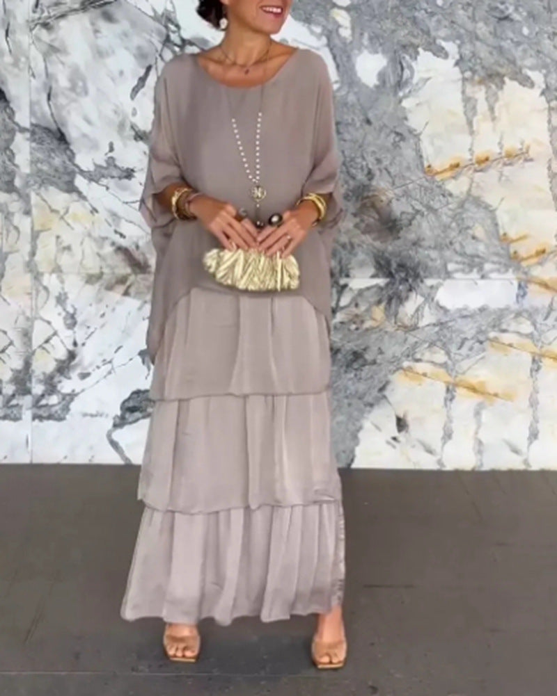 Damen nan bodenlanges Stufenkleid mit weiten Fledermausärmeln und lockerer Silhouette Drune
