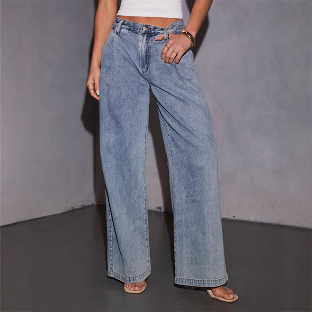 Damen weit geschnittene Denim-Jeans im lässigen Stil mit hohem Bund Drune