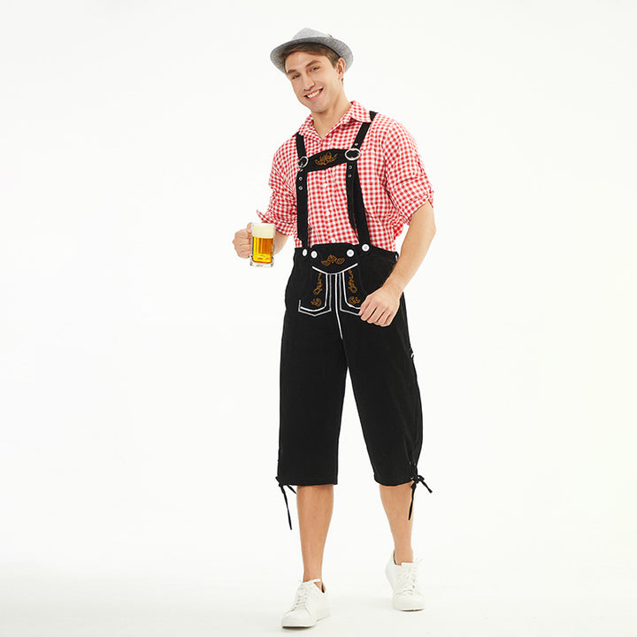 Herren nan moderne Samt-Trachtenkniebundhose mit dekorativer Stickerei und verstellbaren Trägern Drune