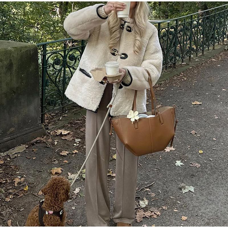 Damen kuschelige Teddy-Jacke mit hochwertiger Lederverarbeitung Drune