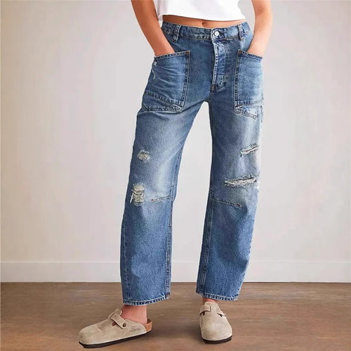 Damen weit geschnittene Jeans mit kreativen Taschen und Destroyed-Details Drune